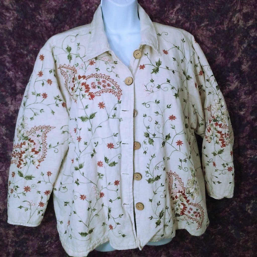 Dressbarn Women-2x Jacket Linen Embroidered Novelty Floral Paisley Button-Up